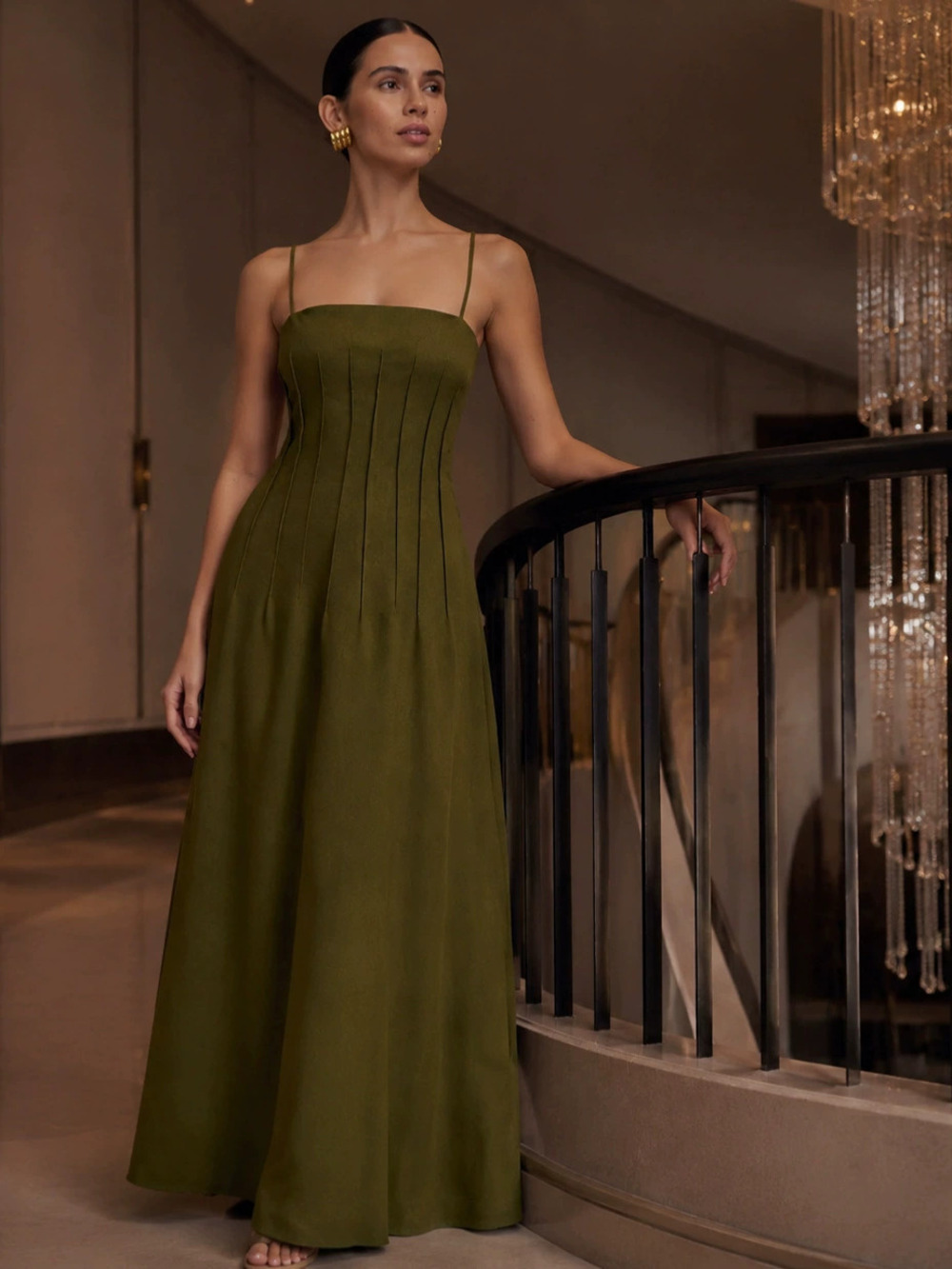 Zara Olive Green Spaghetti Strap Pleated Waist Maxi Dress